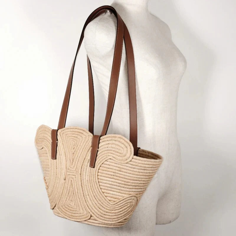 CELINE CLASSIC SMALL BASKET WITH WOVEN TRIOMPHE IN RAFFIA AND CALFSKIN