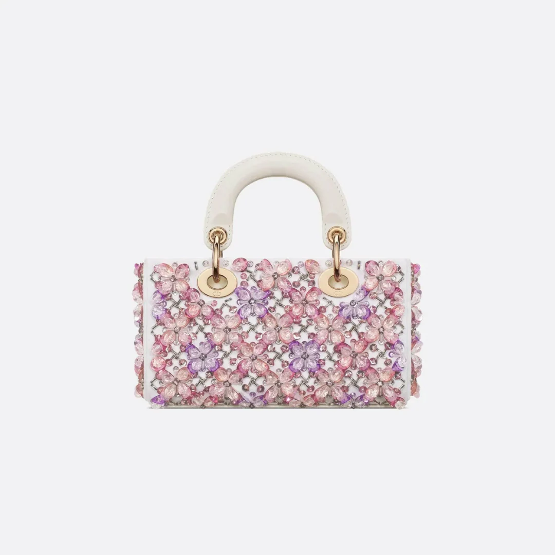 DIOR LADY D-JOY MICRO BAG IN WHITE CALFSKIN WITH PINK FLORAL EMBROIDERY AND STRASS