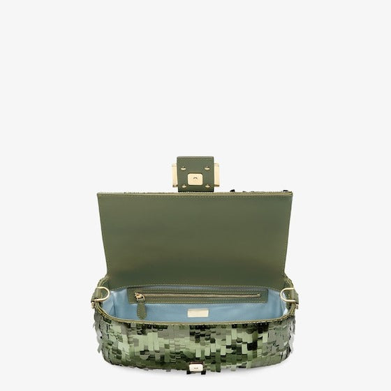 FENDI BAGUETTE BAG IN GREEN SEQUINS AND LEATHER