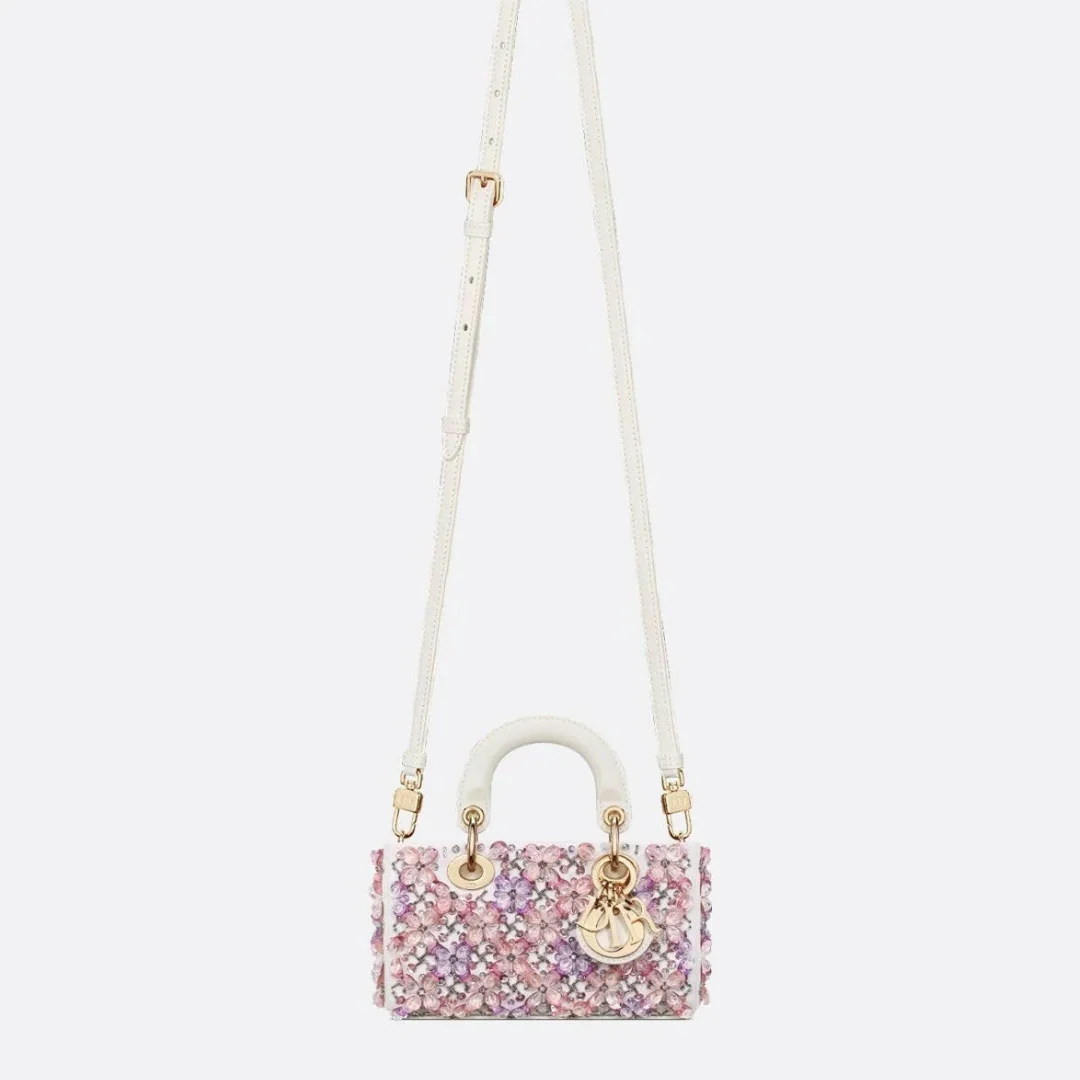 DIOR LADY D-JOY MICRO BAG IN WHITE CALFSKIN WITH PINK FLORAL EMBROIDERY AND STRASS