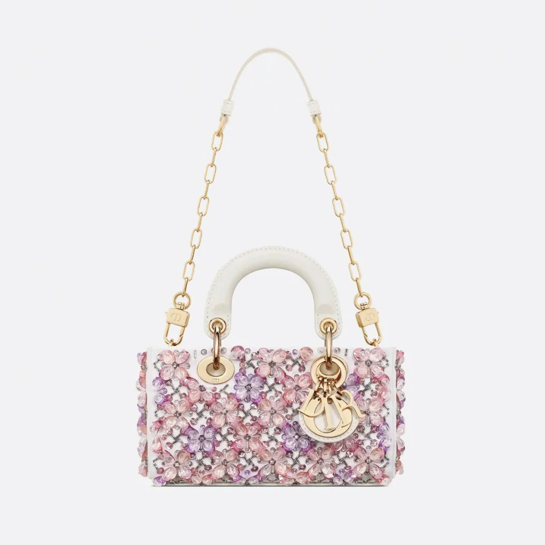 DIOR LADY D-JOY MICRO BAG IN WHITE CALFSKIN WITH PINK FLORAL EMBROIDERY AND STRASS