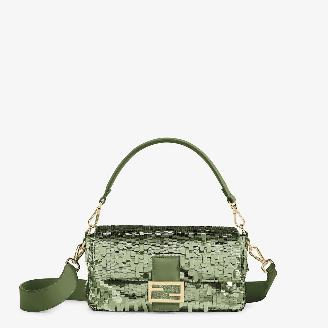 FENDI BAGUETTE BAG IN GREEN SEQUINS AND LEATHER