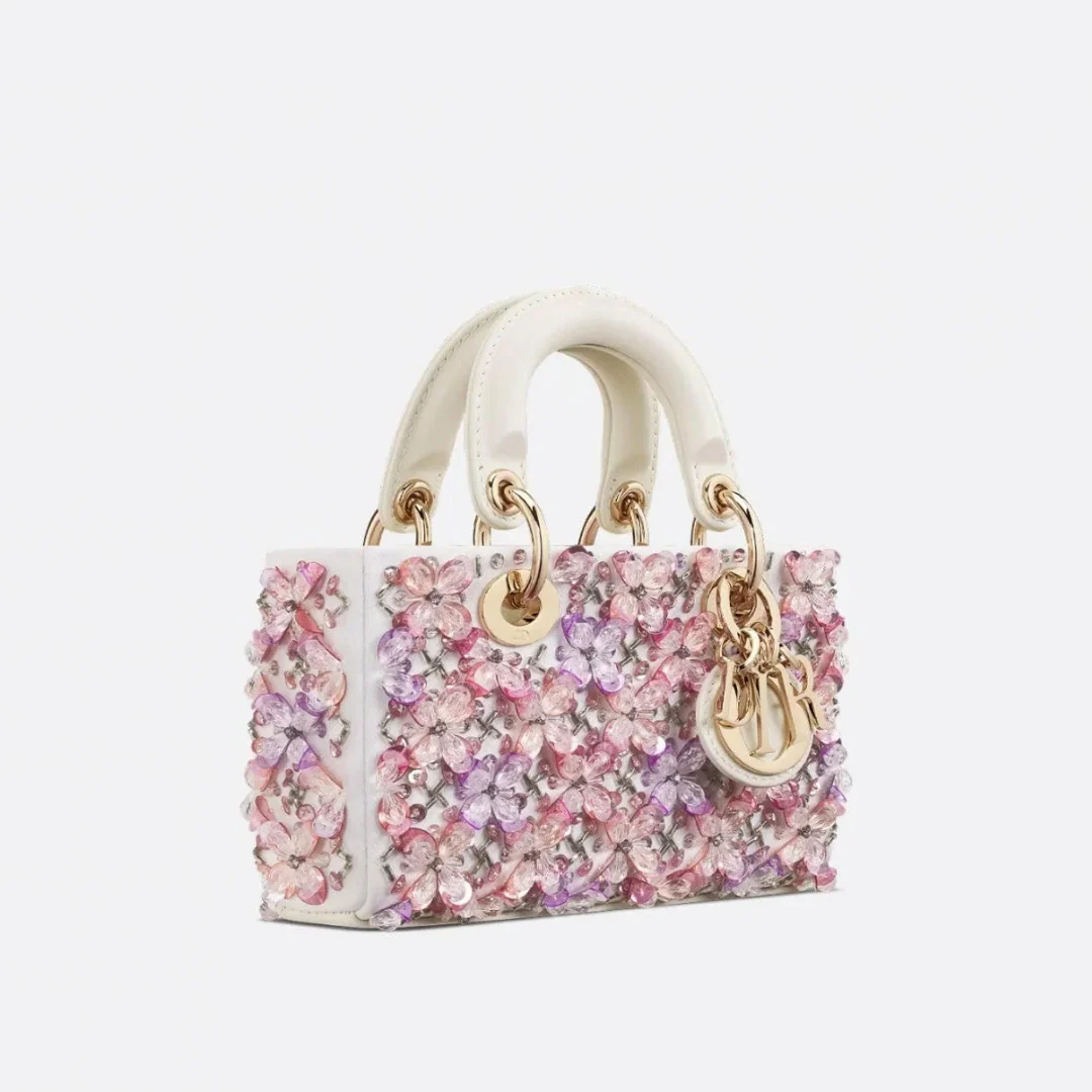 DIOR LADY D-JOY MICRO BAG IN WHITE CALFSKIN WITH PINK FLORAL EMBROIDERY AND STRASS