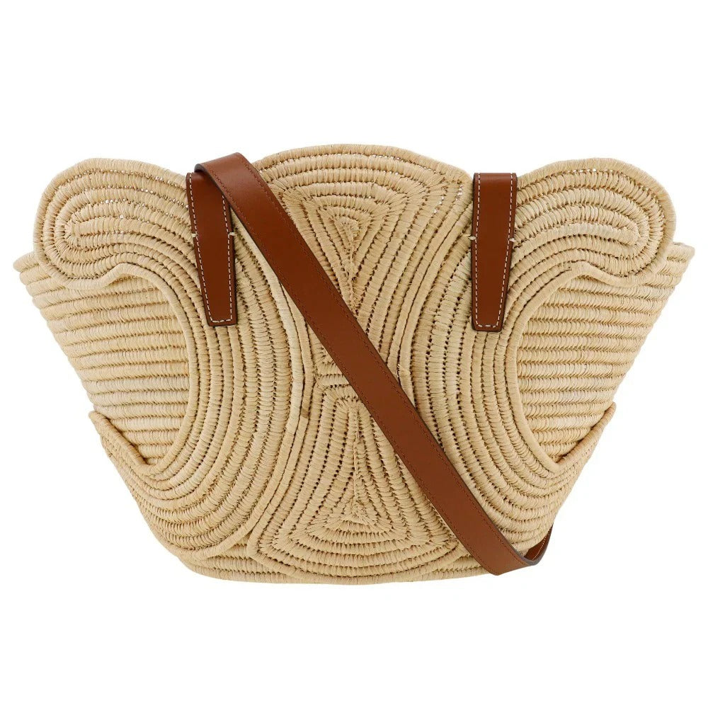 CELINE CLASSIC SMALL BASKET WITH WOVEN TRIOMPHE IN RAFFIA AND CALFSKIN