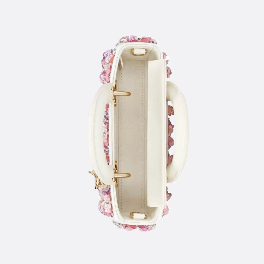 DIOR LADY D-JOY MICRO BAG IN WHITE CALFSKIN WITH PINK FLORAL EMBROIDERY AND STRASS