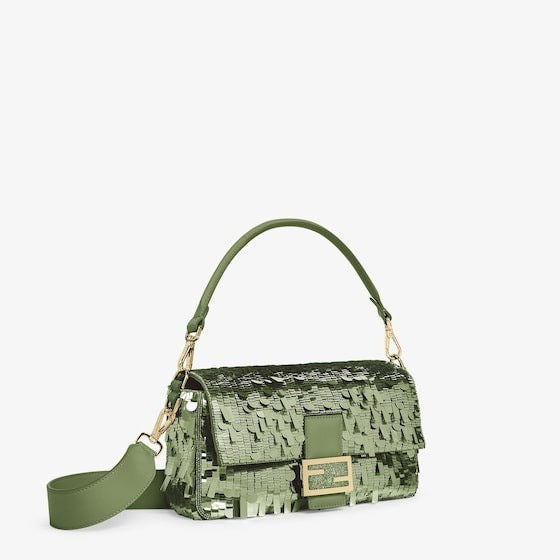 FENDI BAGUETTE BAG IN GREEN SEQUINS AND LEATHER